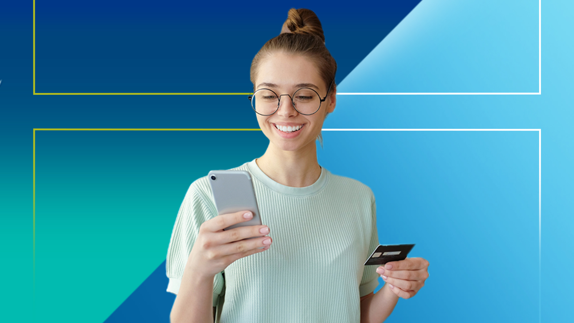 Woman smiling on cellphone against a circular lavender background