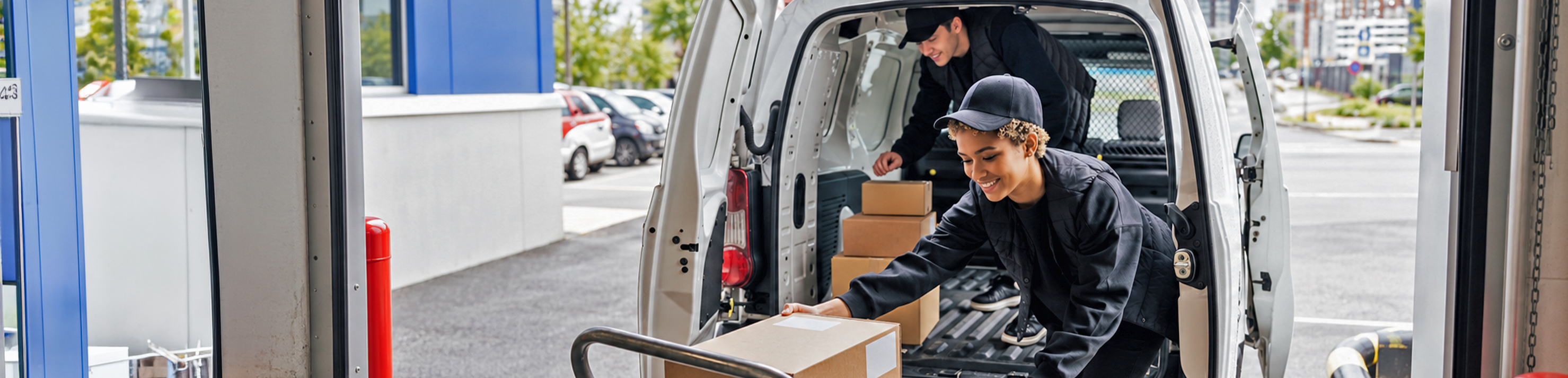 Man and woman unloading boxes from van