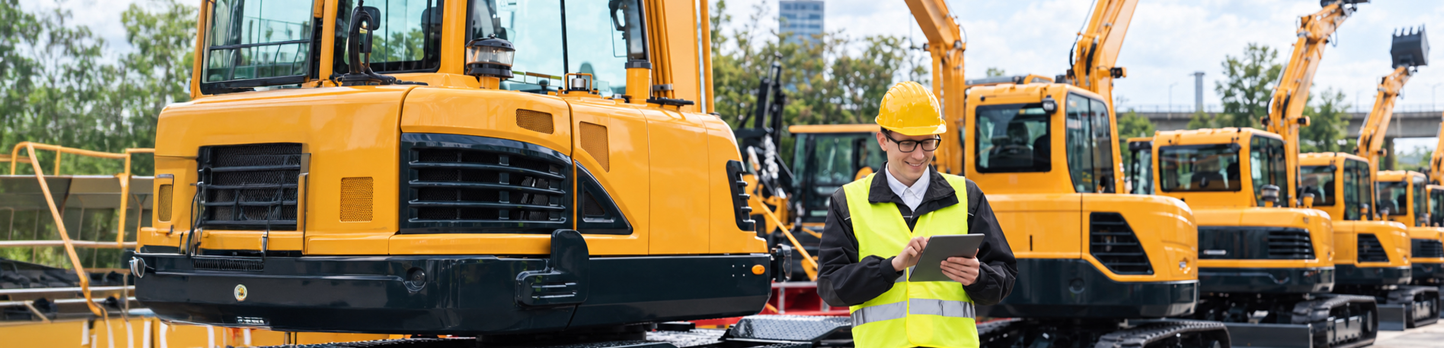 Man looking at a tablet while surrounded by excavators