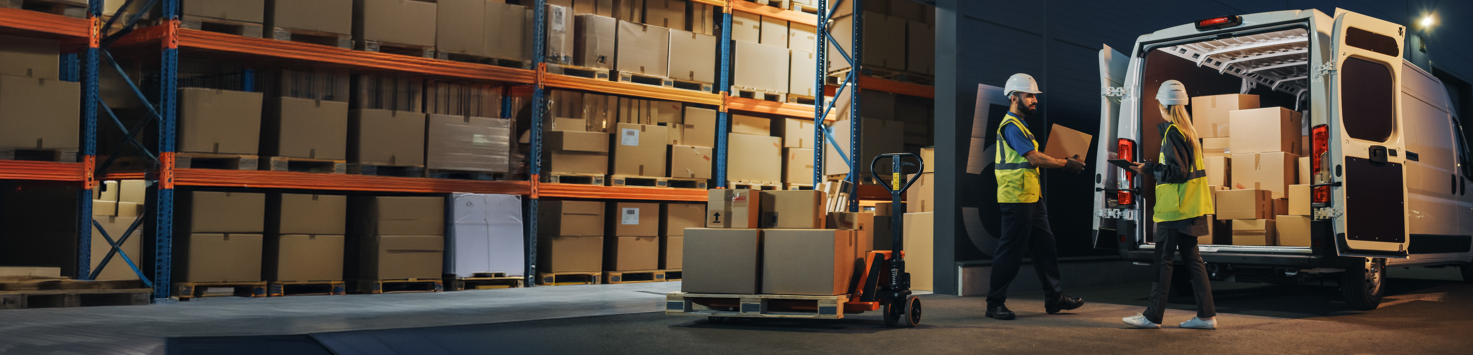 Man and woman near warehouse full of boxes