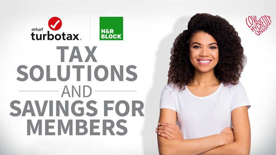 Smiling woman. Love My Credit Union logo. TurboTax logo.