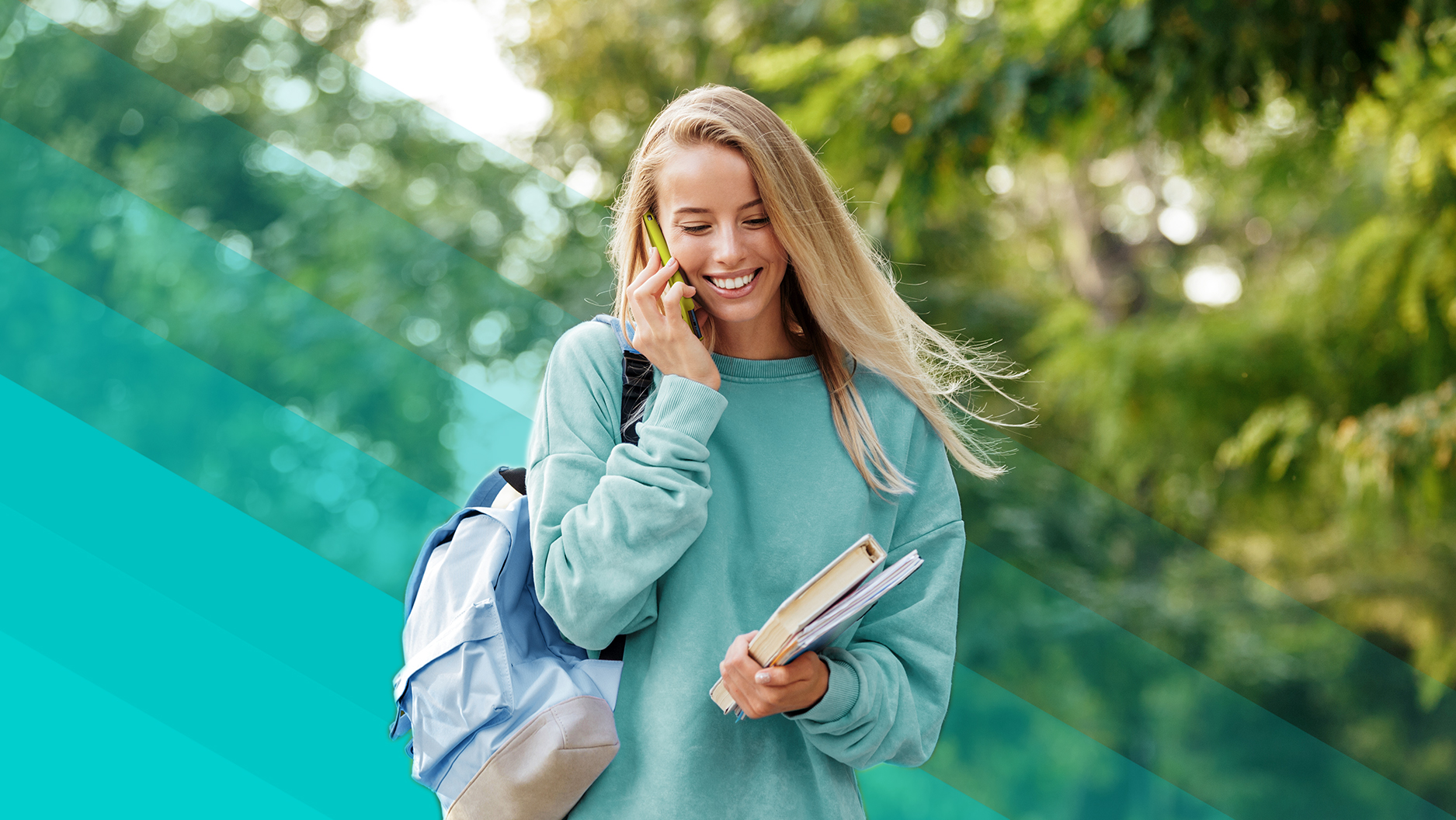 College Student on her phone, strolling through a lush, green park