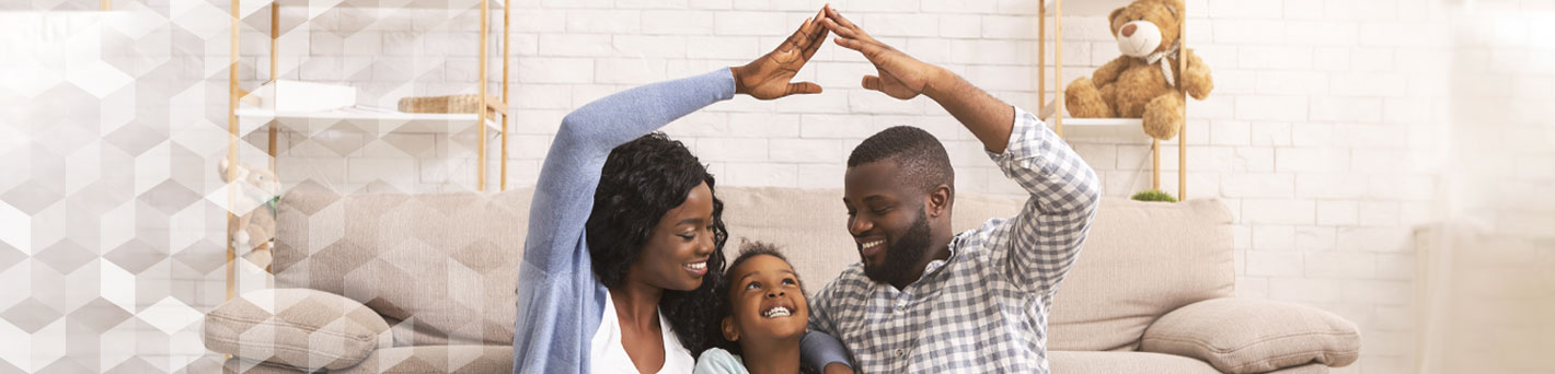 Mother, father, and daughter at home.